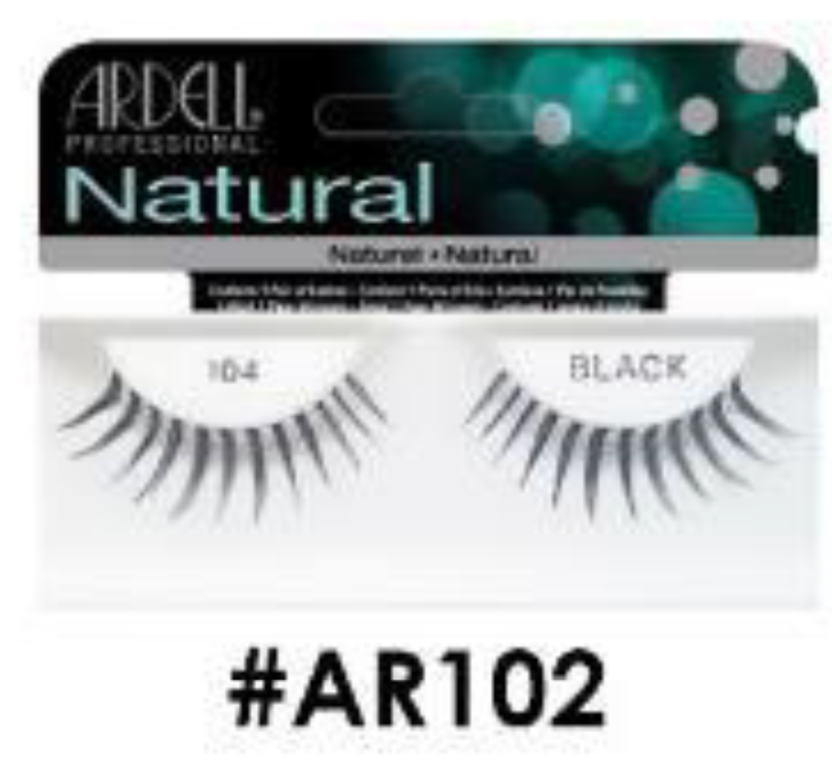 "Ardell Natural False Lashes (#AR102) Style 104 in Black - Lightweight and Reusable."