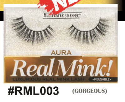 Aura Real Mink Lashes - #RML003 (Gorgeous), Luxurious Real Mink Lash with Voluminous 3D Multi-Layer Effect