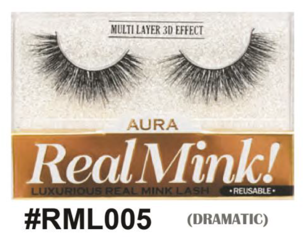 Aura Real Mink Lashes - #RML005 (Dramatic), Bold and Voluminous Real Mink Lash with a 3D Multi-Layer Effect