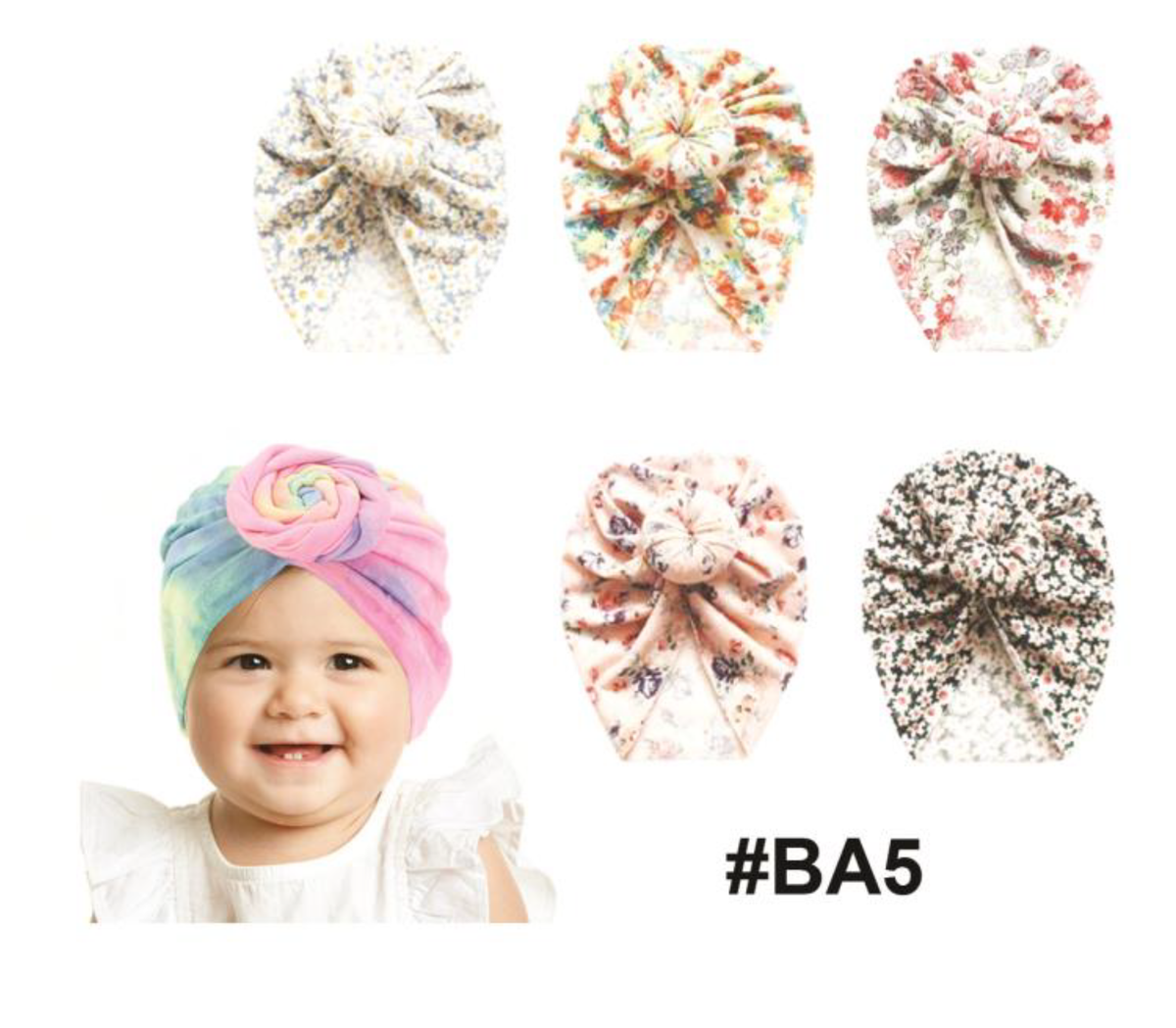 "Baby Floral and Tie-Dye Turban (#BA5) - Featuring Vibrant Floral and Tie-Dye Patterns."
