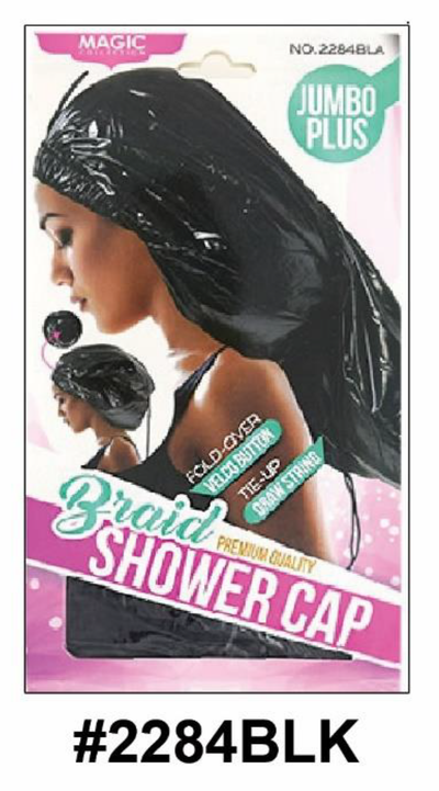 "Braid Shower Cap in Black (#2284BLK) - Jumbo Plus Size with Velcro Button and Drawstring for Secure Fit."