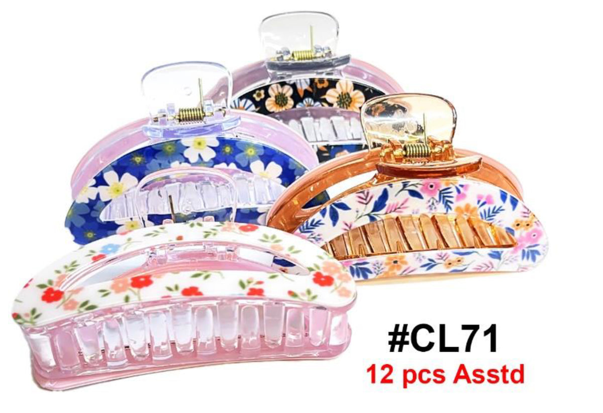 CL71, Assorted Floral Print Hair Claw Clips, 12 Pcs