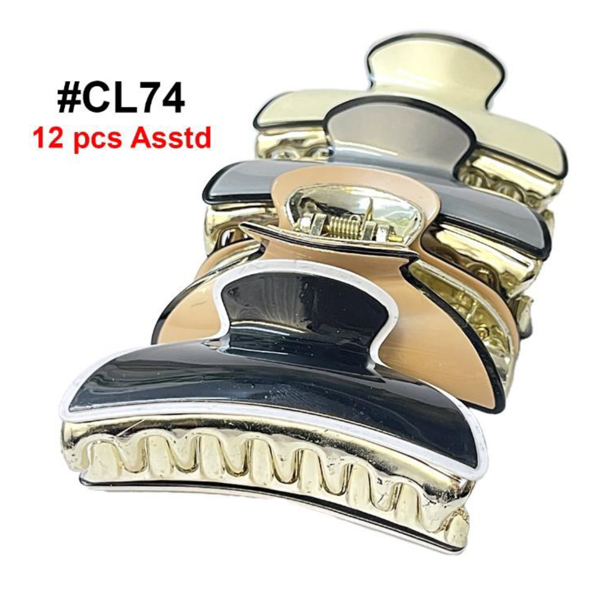 CL74, Elegant Gold-Trimmed Hair Claw Clips, 12 Pcs Assorted
