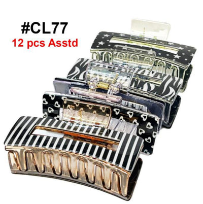 CL77, Assorted Patterned Large Hair Claw Clips, 12 Pcs