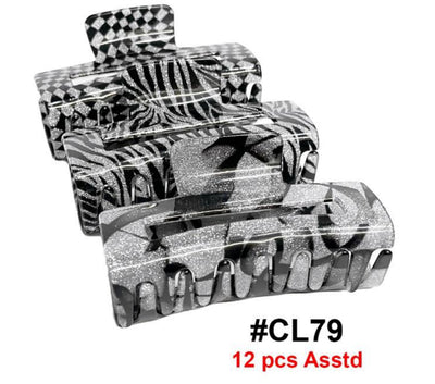 CL79, Assorted Glitter Geometric Pattern Hair Claw Clips, 12 Pcs