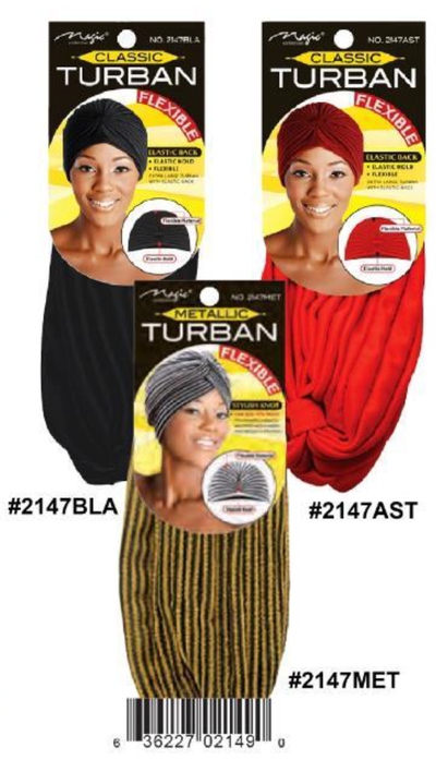 Classic Turban in Black with flexible elastic back for secure and stylish wear.