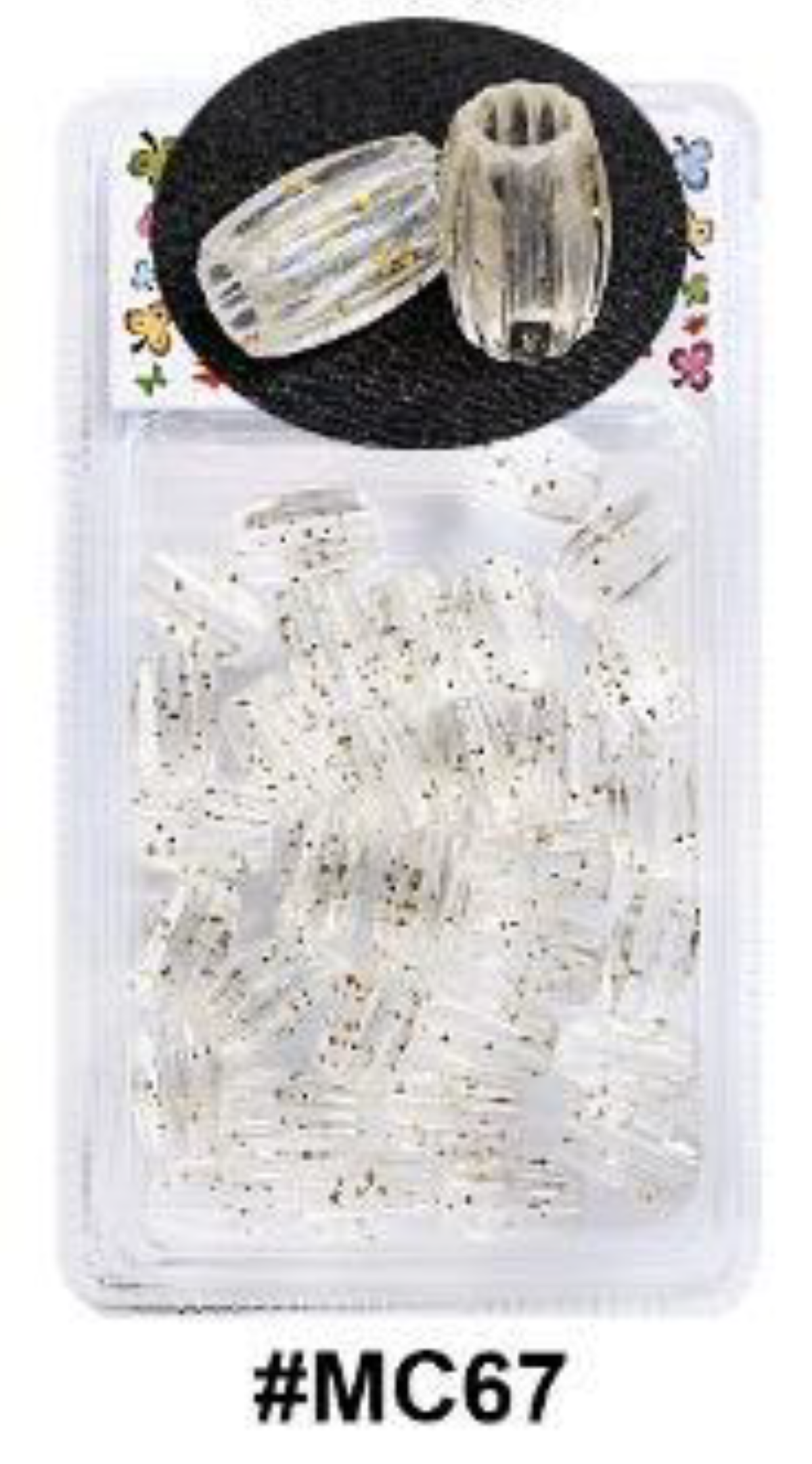 "Close-up of Murry Collection Transparent Glitter Hair Beads, #MC67, featuring grooved texture with gold glitter detailing, packaged in clear plastic for creative and decorative hair styling."
