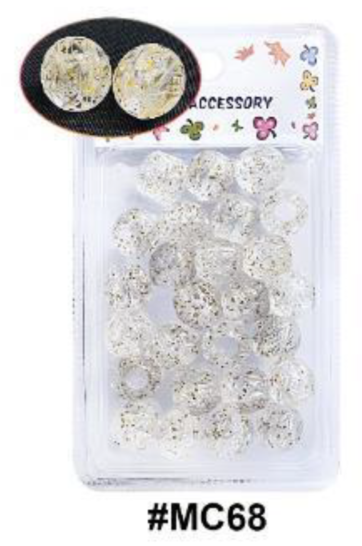"Close-up view of Murry Collection Transparent Round Glitter Hair Beads, #MC68, featuring clear circular beads with gold glitter accents, perfect for decorative and stylish hair designs."