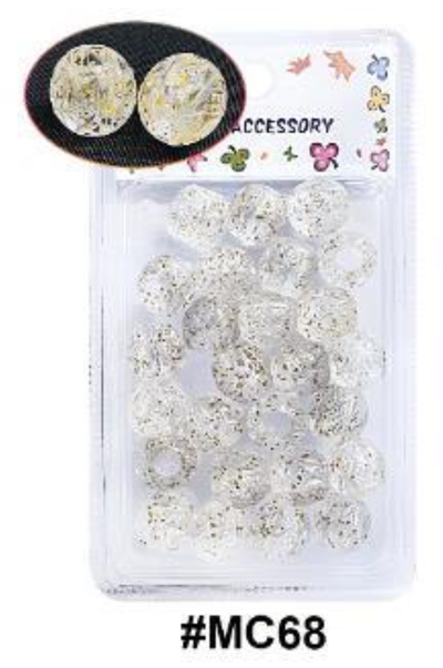 "Close-up view of Murry Collection Transparent Round Glitter Hair Beads, #MC68, featuring clear circular beads with gold glitter accents, perfect for decorative and stylish hair designs."