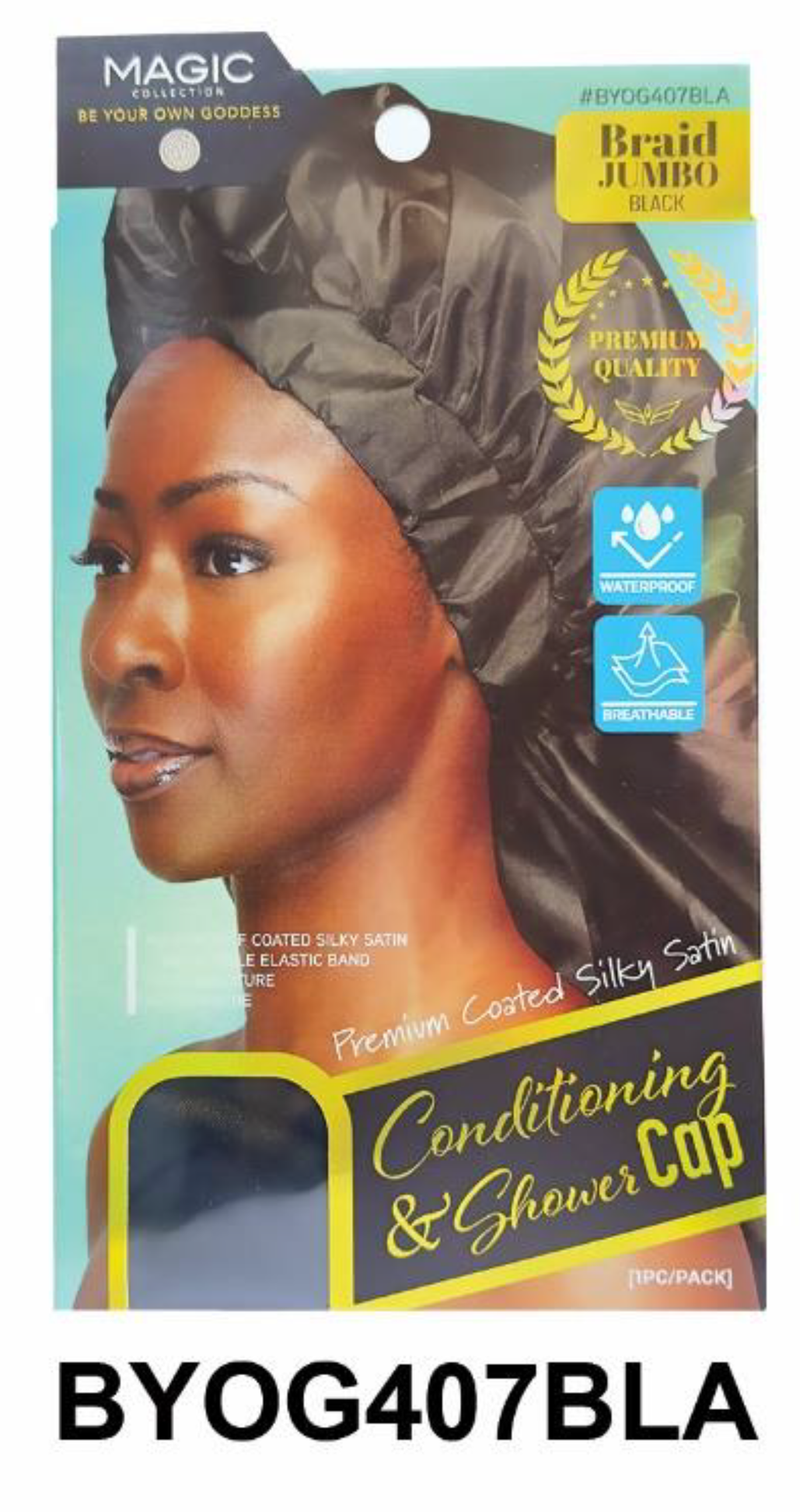 "Conditioning & Shower Cap in Black with Premium Coated Silky Satin - Jumbo Size."