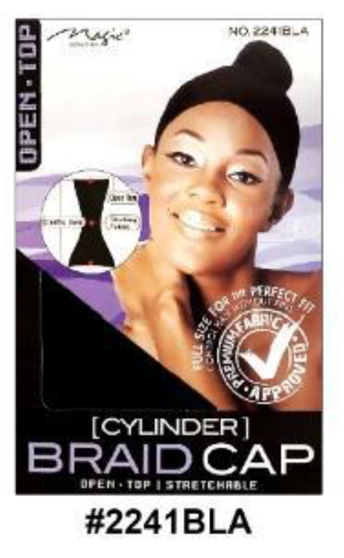 Cylinder Braid Cap - Open Top in Black (#2241BLA) with stretchable fabric and elastic band for secure fit and versatility.