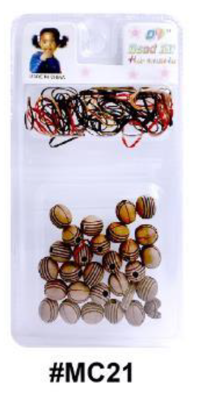 "DIY Hair Bead Kit Striped Wooden Beads with Thread, #MC21, Natural wooden beads with striped patterns for creative hair designs."