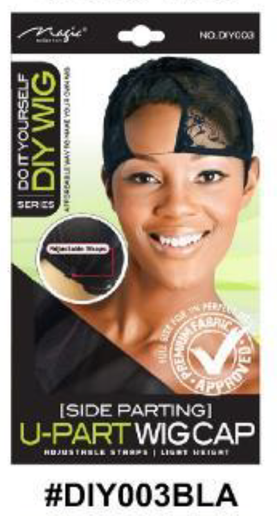 "DIY U-Part Wig Cap in Black (#DIY003BLA) - Side Parting Design with Adjustable Straps for Custom Wig Making."