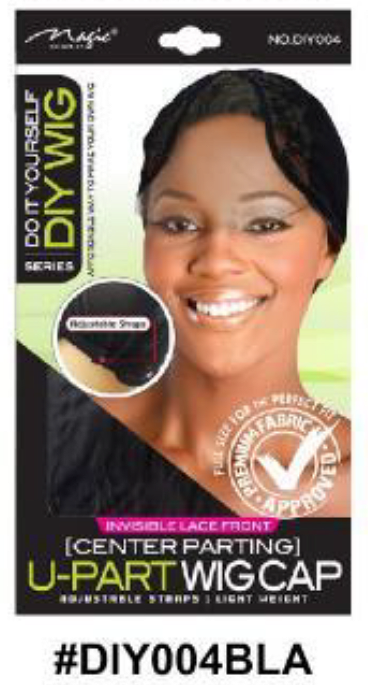"DIY U-Part Wig Cap in Black (#DIY004BLA) with Center Parting and Invisible Lace Front for Custom Wig Making."

