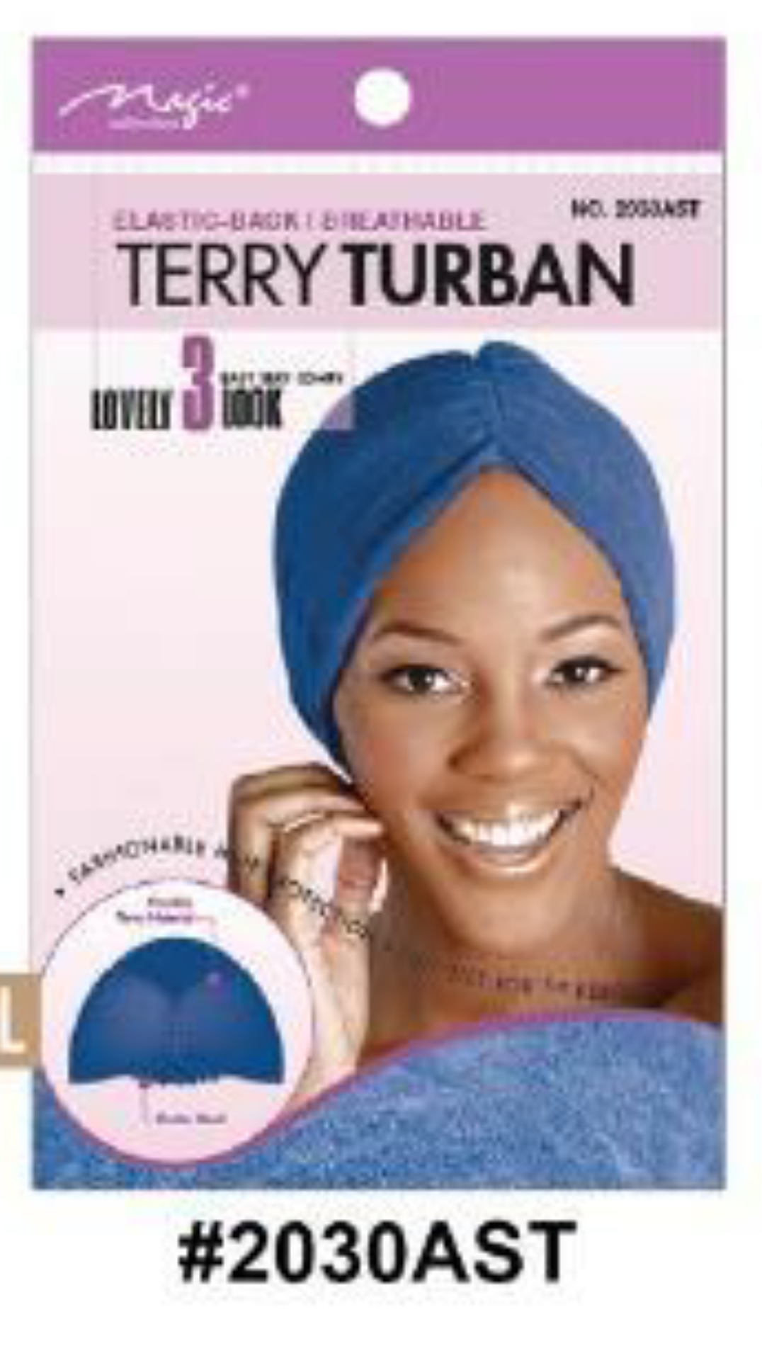 "Elastic-Back Terry Turban in Assorted Blue (#2030AST) with breathable and soft fabric for hair protection and style."