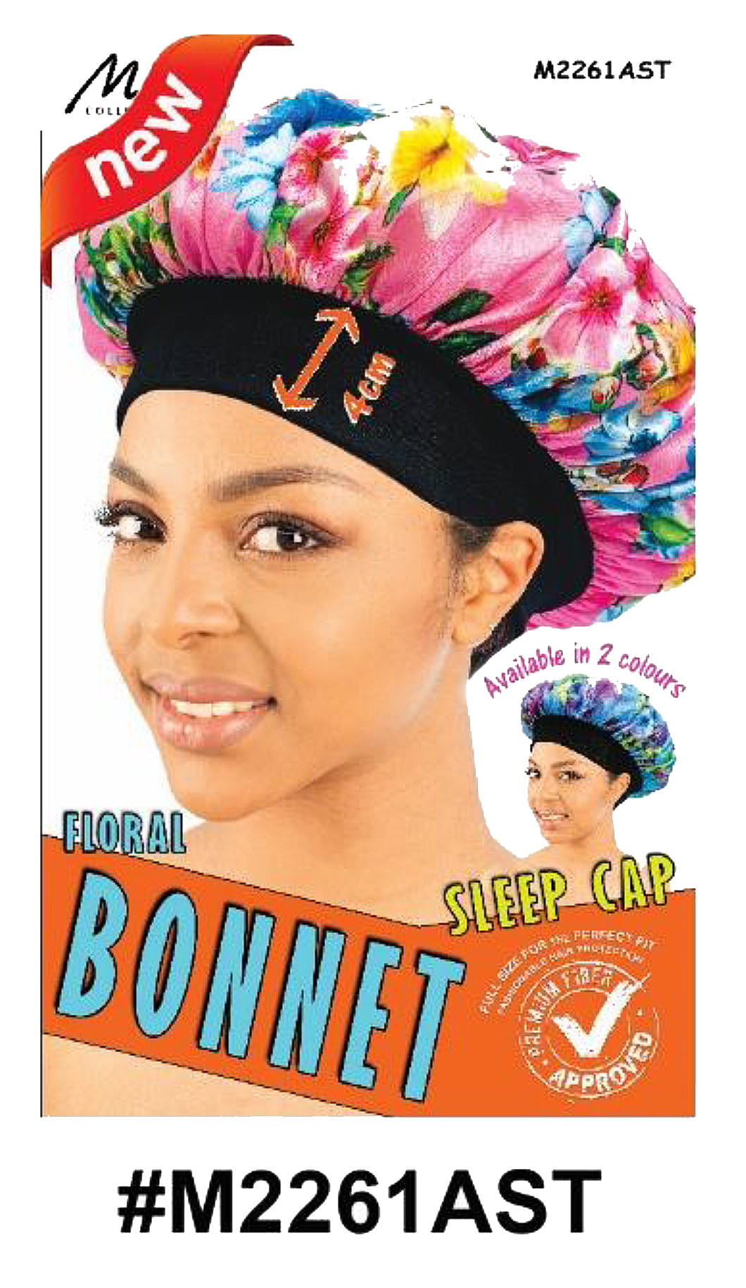 "Floral Sleep Cap Bonnet (#M2261AST) in multi-color design with soft satin fabric and elastic band for hair protection and style."