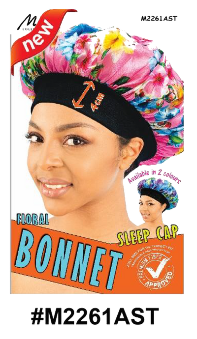 "Floral Sleep Cap Bonnet (#M2261AST) in multi-color design with soft satin fabric and elastic band for hair protection and style."