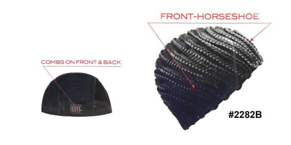 "Front-Horseshoe Braided Wig Cap with integrated combs for secure placement."