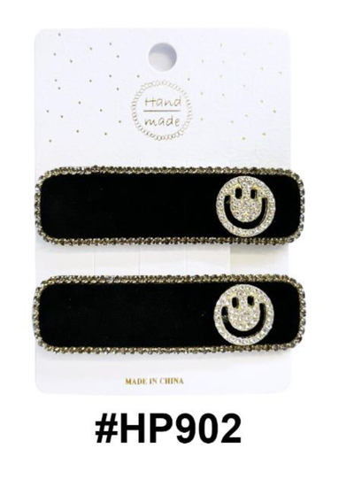 Handmade, Velvet Hair Clip with Rhinestone Smiley Design #HP902, Black