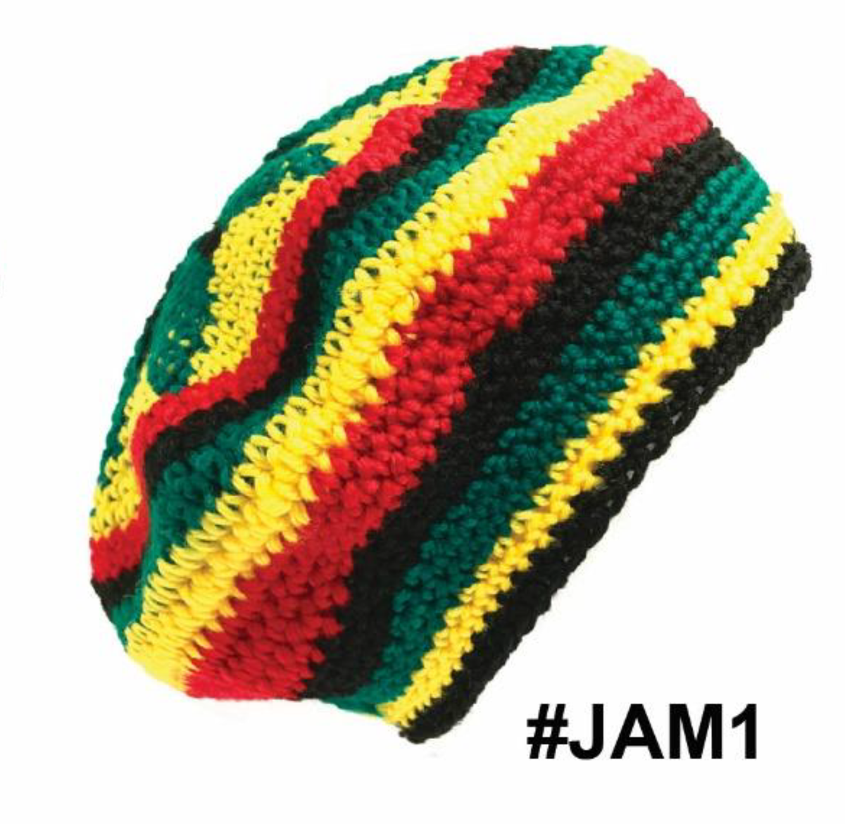 "Jamaican Rasta Dreadlocks Cap (#JAM1) - Striped Knit Beanie in Vibrant Red, Green, Yellow, and Black."