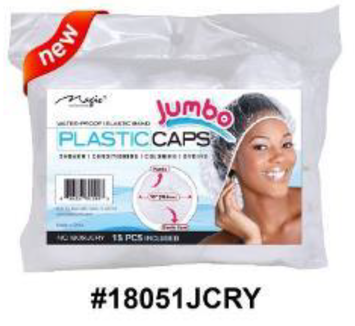 "Jumbo Waterproof Elastic Band Plastic Caps - 15 pcs (#18051JCRY) - Durable, Clear, and Convenient."