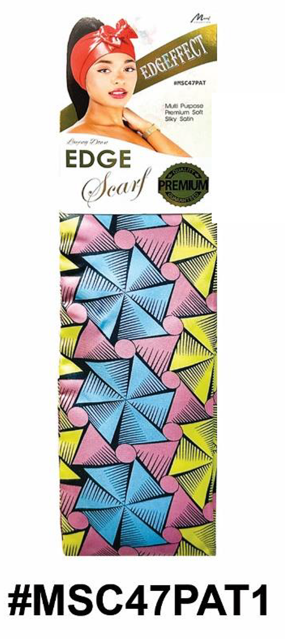 "Luxury Satin Edge Scarf - Pattern 1 (#MSC47PAT1) - Premium Satin Material with Colorful Geometric Design."