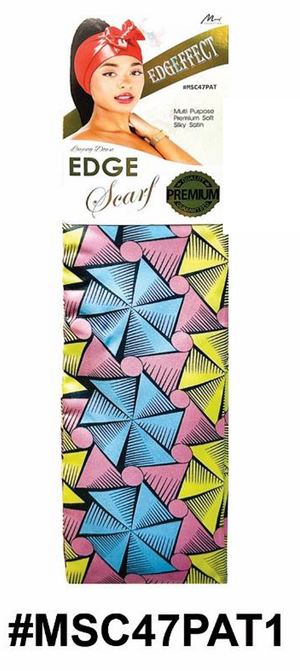 "Luxury Satin Edge Scarf - Pattern 1 (#MSC47PAT1) - Premium Satin Material with Colorful Geometric Design."