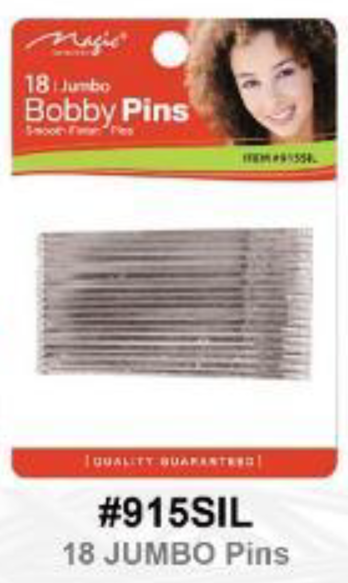 "Magic 18 Jumbo Bobby Pins available in Black, Silver, and Brown"