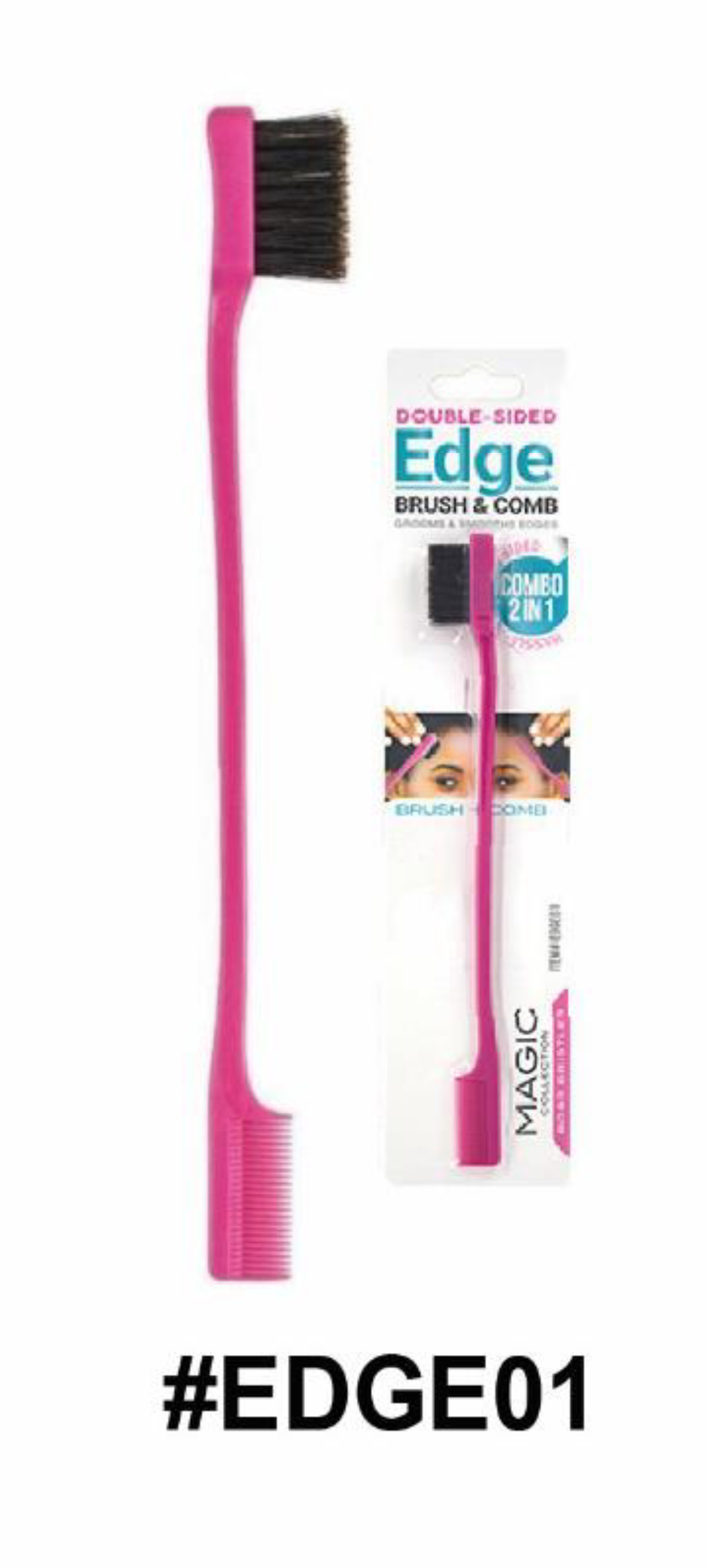 Magic Double-Sided Edge Brush & Comb, #EDGE01, Pink 2-in-1 Grooming Tool