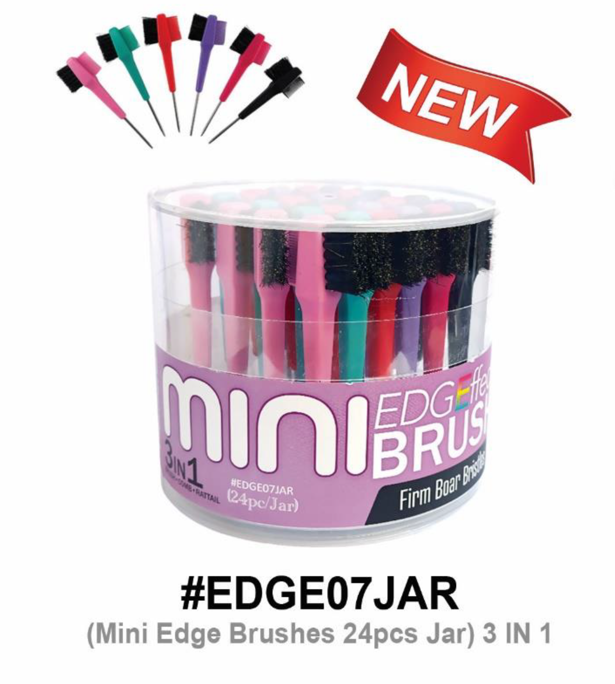 Magic Mini Edge Effect Brush 3-in-1, 24pcs Jar, Firm Boar Bristles, Assorted Colors, #EDGE07JAR