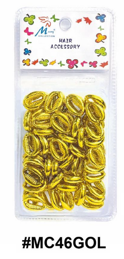 "Murry Collection Gold Cowrie Shell Hair Beads, #MC46GOL, Metallic Gold finish for hairstyling and braiding."