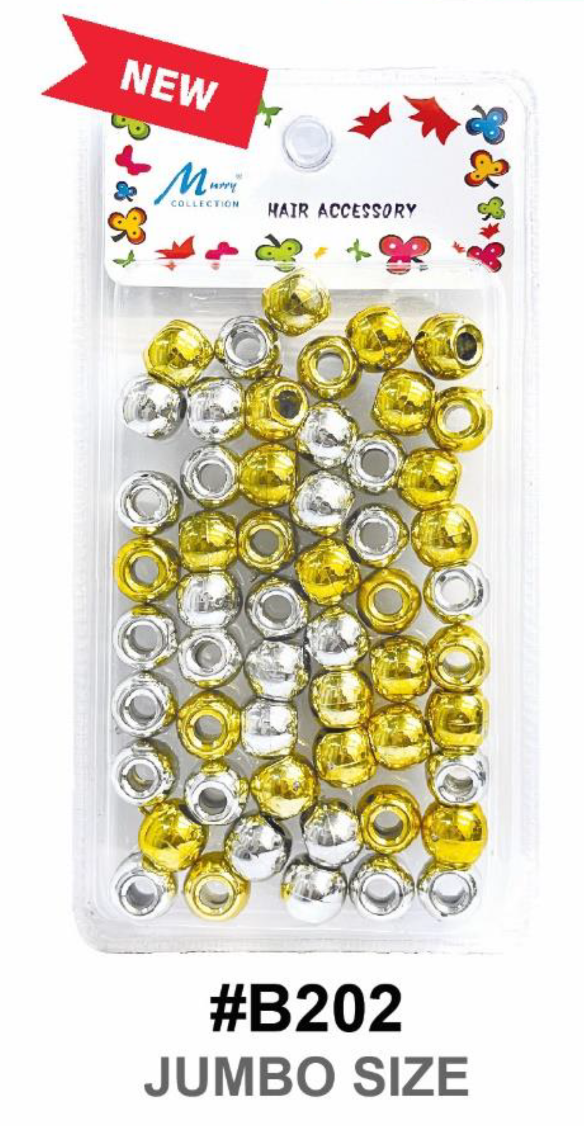 "Murry Collection Jumbo Metallic Beads, #B202, featuring gold and silver beads for hair braiding and styling."