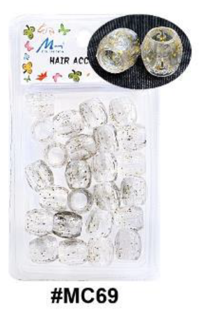"Murry Collection Transparent Oval Glitter Hair Beads, #MC69, featuring clear oval beads infused with gold glitter for braiding and accessorizing hair."