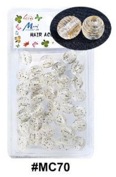 "Murry Collection Transparent Round Glitter Hair Beads, #MC70, featuring clear round beads with gold glitter, ideal for hair styling and braiding."