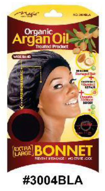"Organic Argan Oil Treated Bonnet in Black (#3004BLA) - Extra Large Size with Wide Band, Hair Protection."