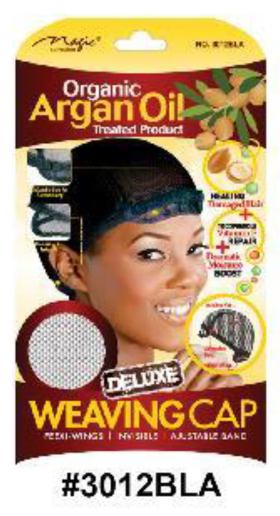 "Organic Argan Oil Treated Deluxe Weaving Cap - Black (#3012BLA) with Adjustable Band and Flexible Mesh Wings."