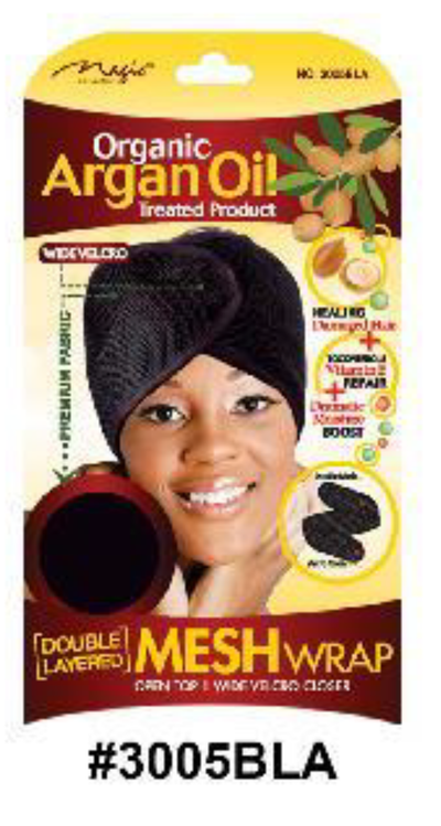 "Organic Argan Oil Treated Double Layered Mesh Wrap - Wide Velcro Closure (#3005BLA), Hair Care Accessory."