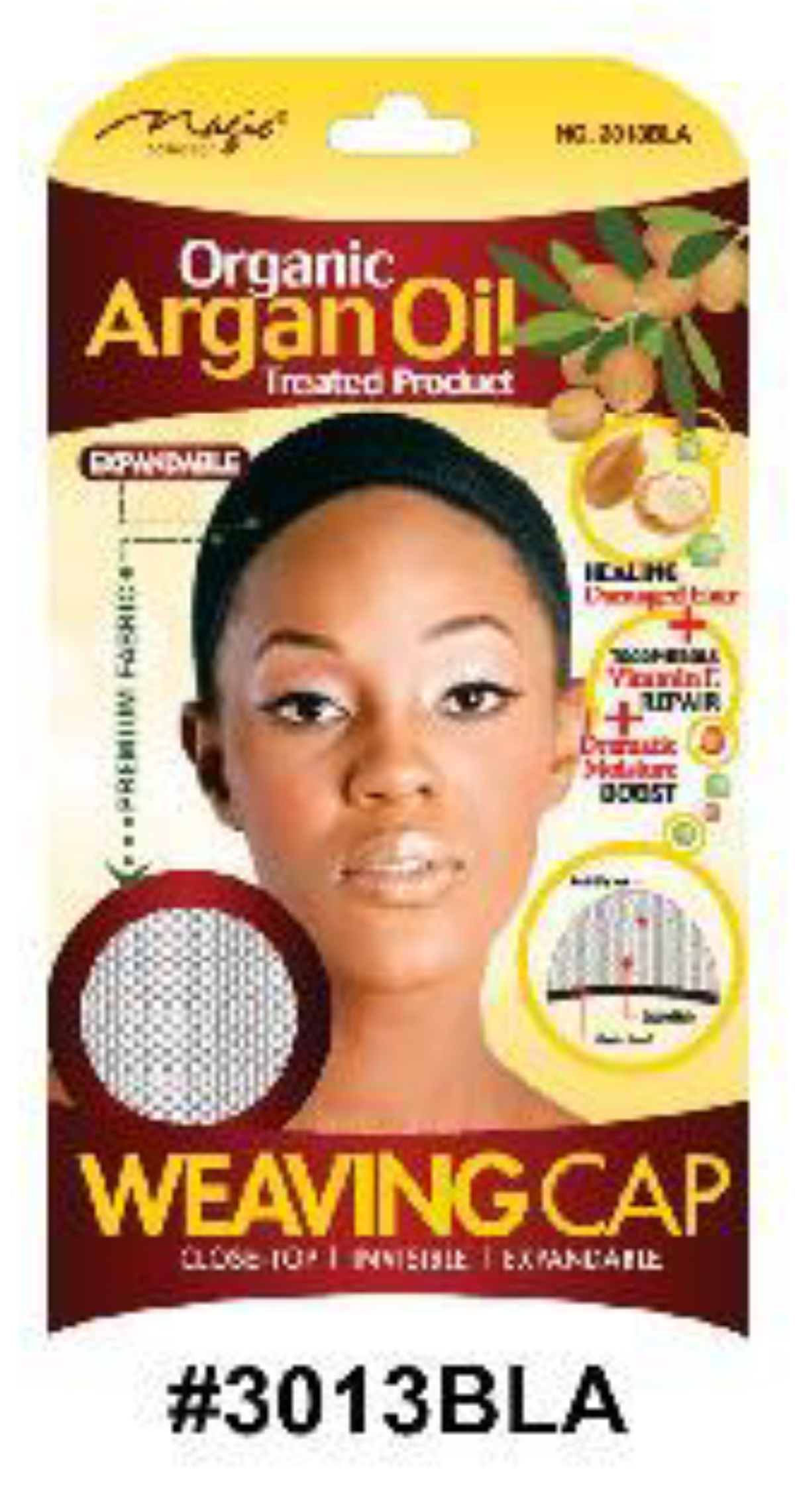 "Organic Argan Oil Treated Expandable Weaving Cap - Black (#3013BLA) with Close Top and Invisible Design."