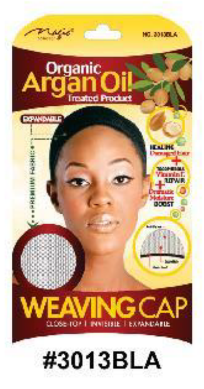 "Organic Argan Oil Treated Expandable Weaving Cap - Black (#3013BLA) with Close Top and Invisible Design."