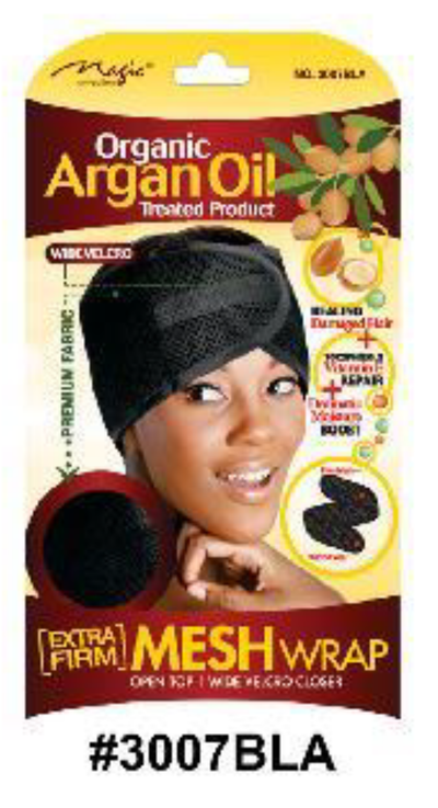 "Organic Argan Oil Treated Extra Firm Mesh Wrap with Wide Velcro Closure (#3007BLA), Durable and Stylish Hair Wrap."