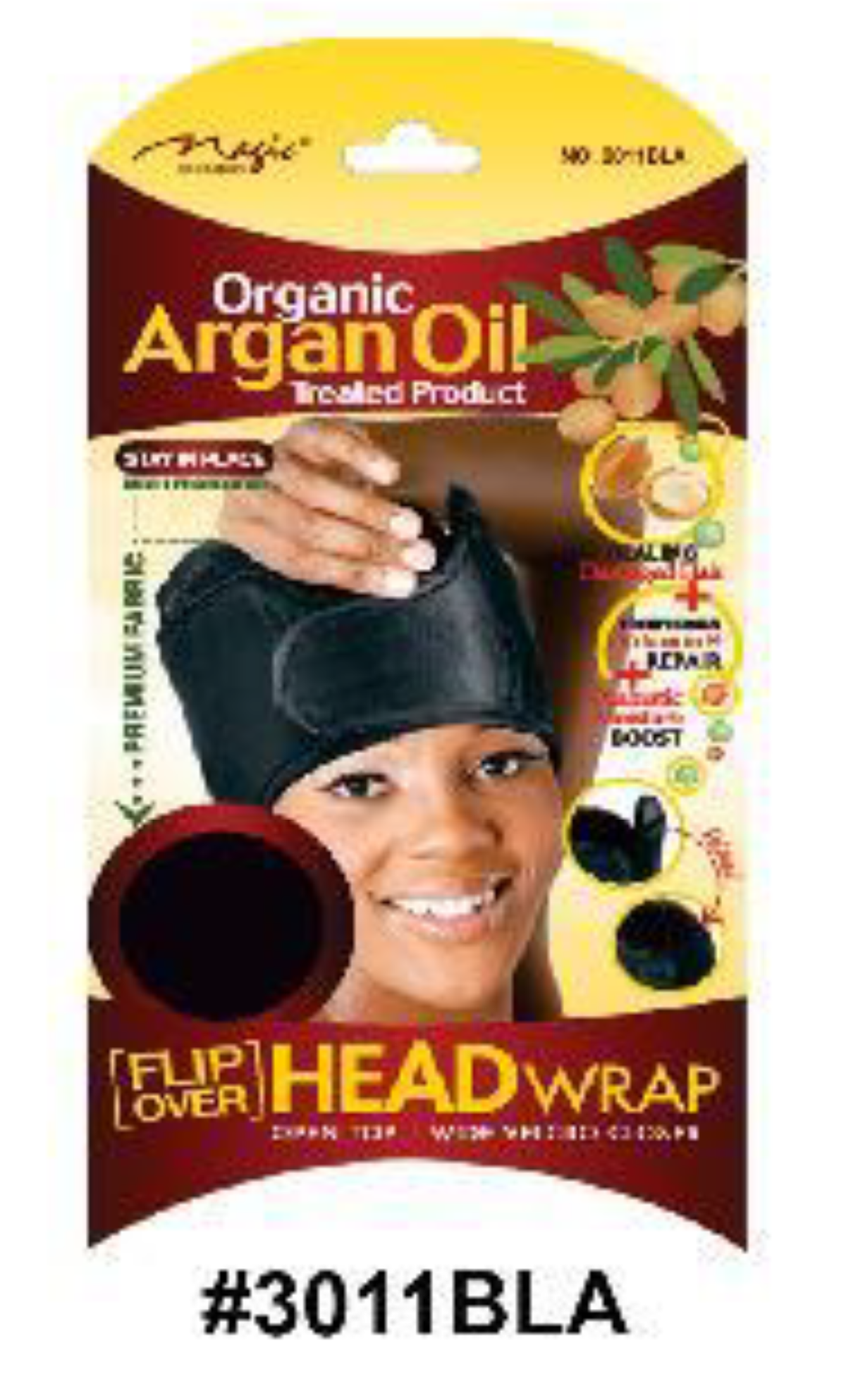 "Organic Argan Oil Treated Flip Over Head Wrap - Black (#3011BLA) with Wide Velcro Closure for Moisture Retention and Hair Protection."
