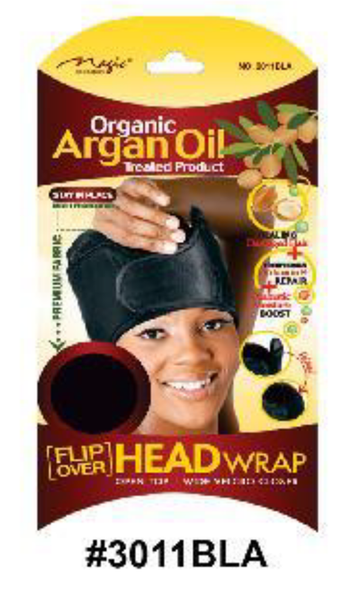 "Organic Argan Oil Treated Flip Over Head Wrap - Black (#3011BLA) with Wide Velcro Closure for Moisture Retention and Hair Protection."