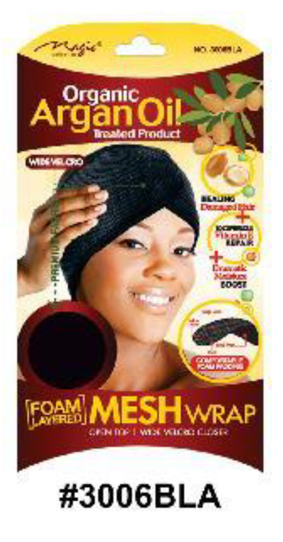 "Organic Argan Oil Treated Foam Layered Mesh Wrap - Wide Velcro Closure (#3006BLA), Hair Care Accessory."