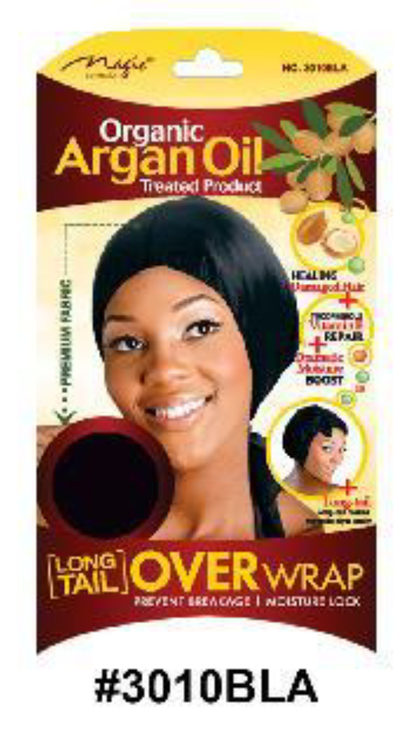 "Organic Argan Oil Treated Long Tail Over Wrap - Black (#3010BLA), Hair Wrap for Moisture Retention and Breakage Prevention."