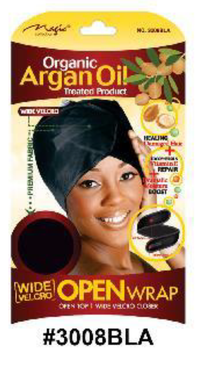 "Organic Argan Oil Treated Wide Velcro Open Wrap (#3008BLA), Black, Versatile Hair Wrap with Open Top Design."