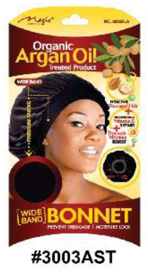 "Organic Argan Oil Wide Band Bonnet - Black (#3003BLA) - Infused with Argan Oil for Moisture and Hair Repair."