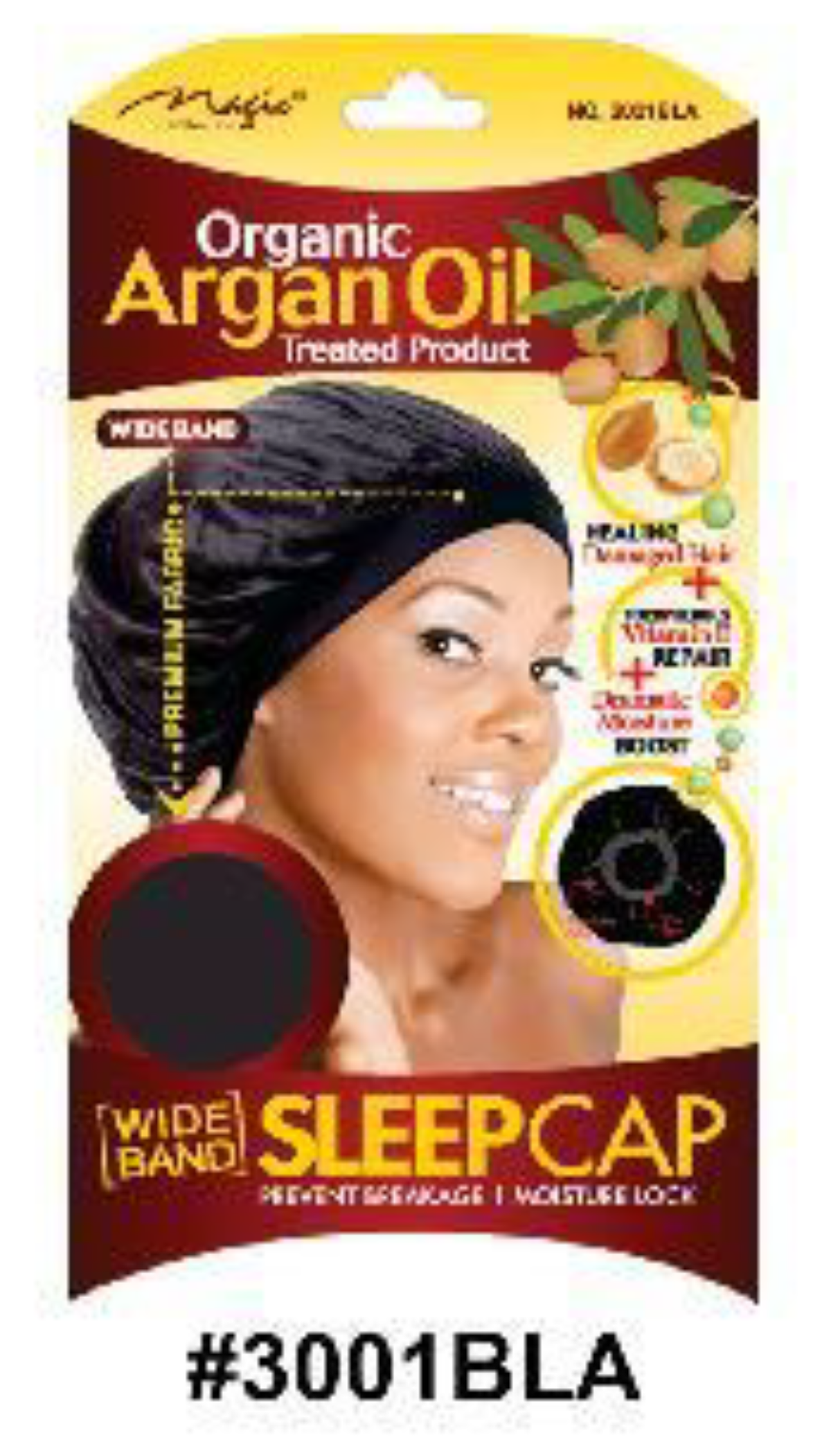 "Organic Argan Oil Wide Band Sleep Cap - Black (#3001BLA) - Premium Hair Protection with Wide Band."