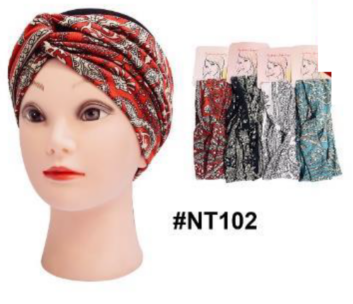 "Paisley Knot Turban Headwrap (#NT102) - Assorted Colors Including Red, Black, White, and Teal."