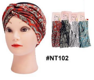"Paisley Knot Turban Headwrap (#NT102) - Assorted Colors Including Red, Black, White, and Teal."