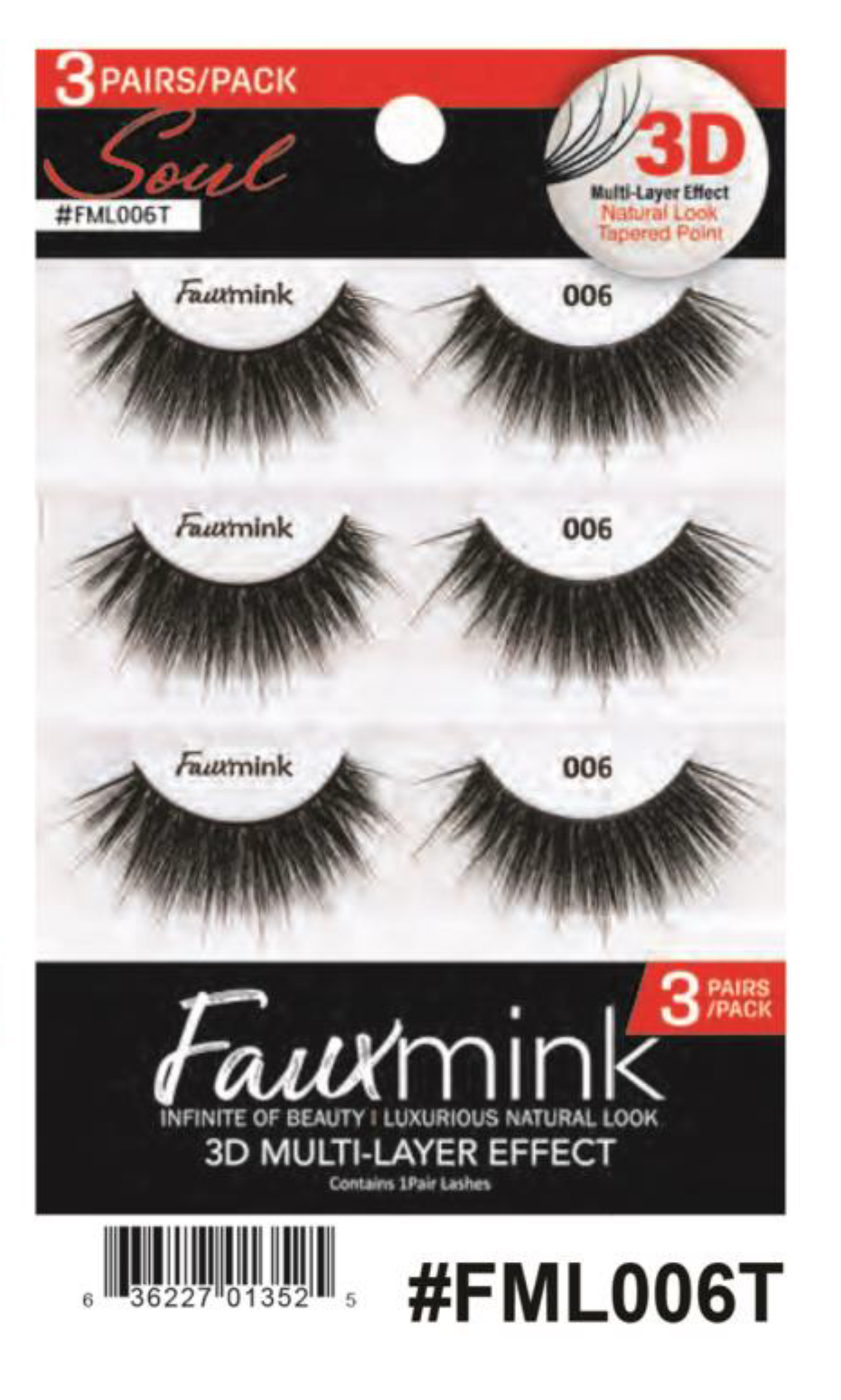 R Soul Faux Mink Lashes - #FML006T, 3 Pairs Pack with 3D Multi-Layered Design